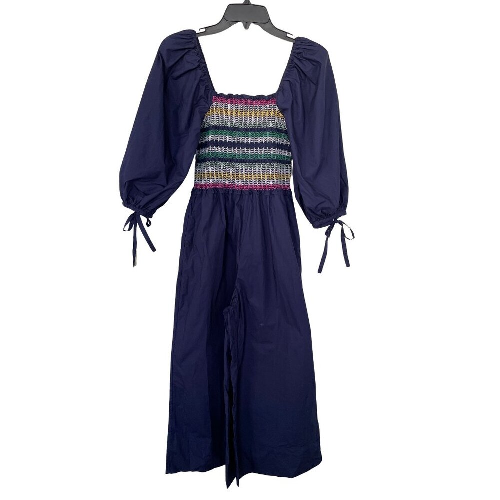 Cara Cara Jazzy Jumpsuit Size S Navy Blue Smocked Wide Leg Square Neckline
